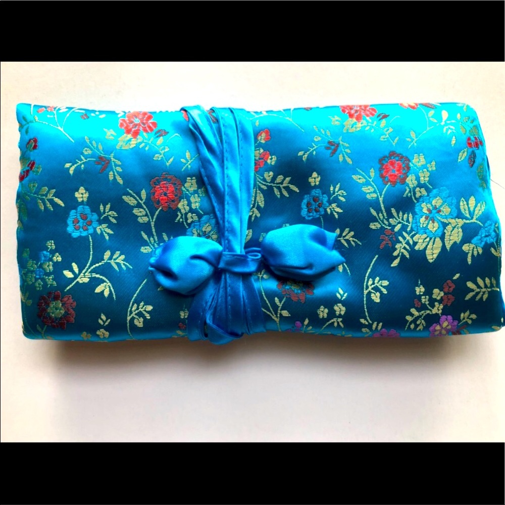 Chinese Jewelry Wallet, Turquoise Blue, Floral Print